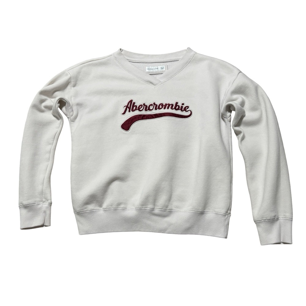 Abercrombie Kids Unisex V Neck Embroidered Script Logo Sweatshirt Beige 13/14